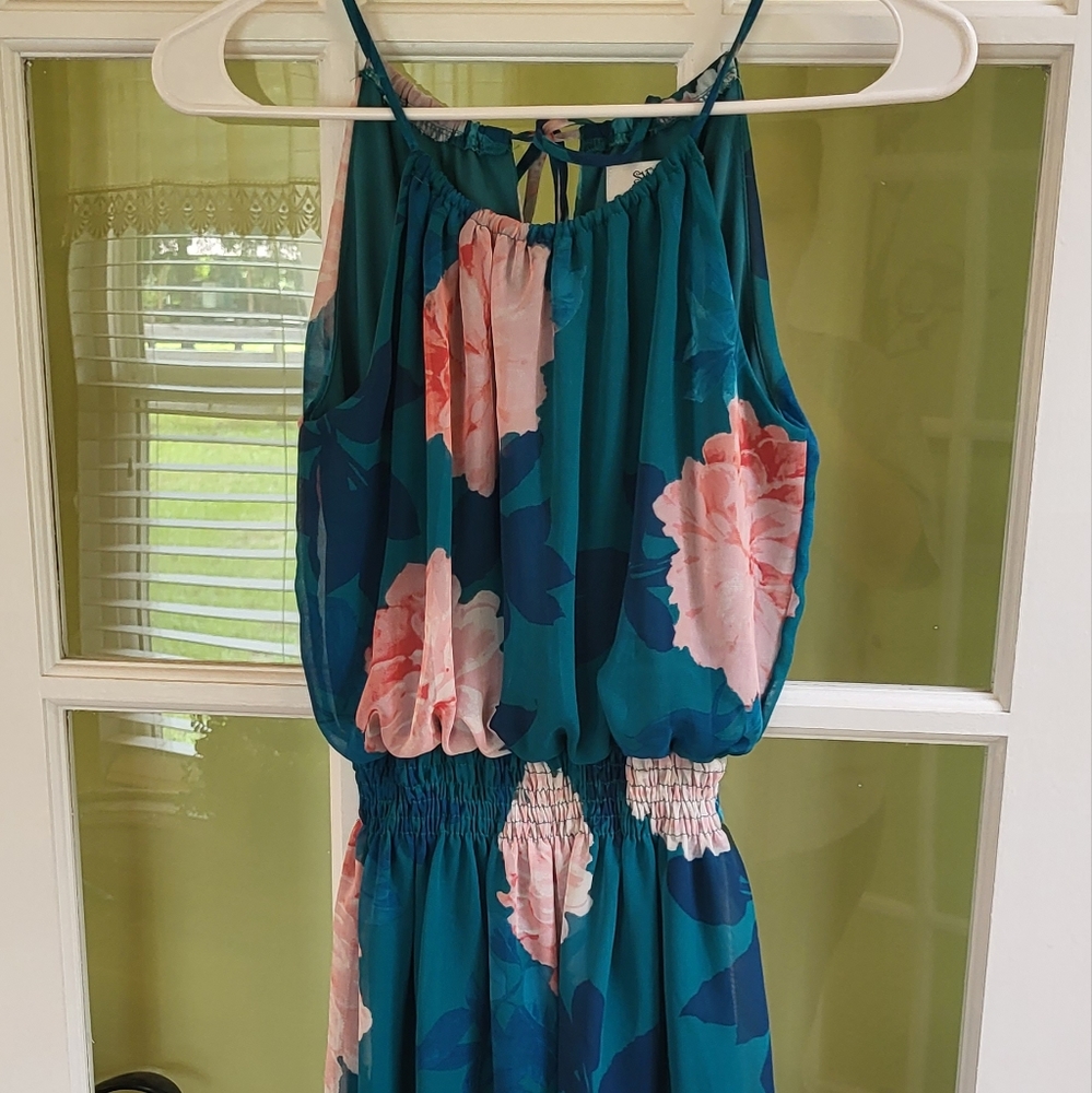 Green floral dress with blue and pink flowers
